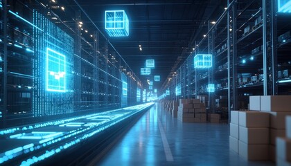 Futuristic Warehouse with Blue Holographic Cubes and Conveyor Belts