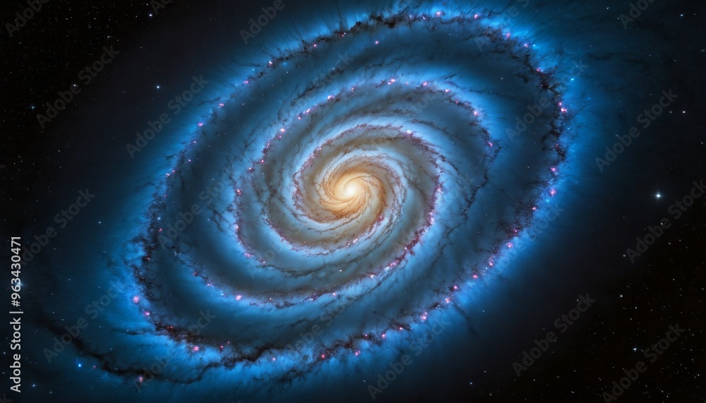 Poster a mesmerizing image of a spiral galaxy with a glowing core, showcasing the intricate details of swir