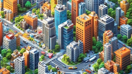 An Aerial Perspective of a Vibrant Urban Cityscape with Tall Buildings and Lush Greenery