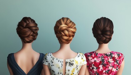 Three women showcase elegant hairstyles from behind, revealing intricate updos and stylish dresses against a soft backdrop.