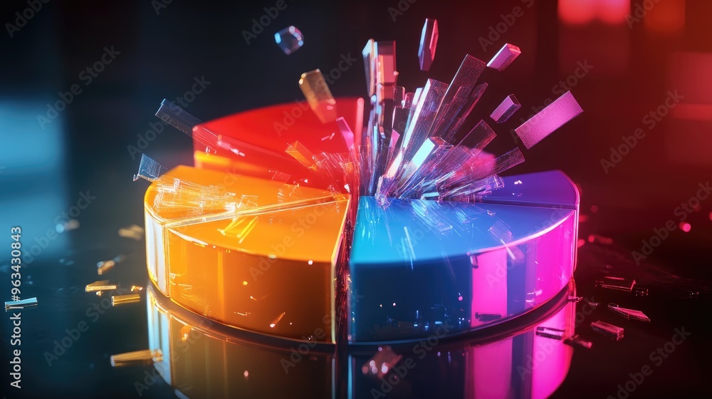 Poster a detailed 3d pie chart with each slice exploding outward, showing clear data breakdowns for busines
