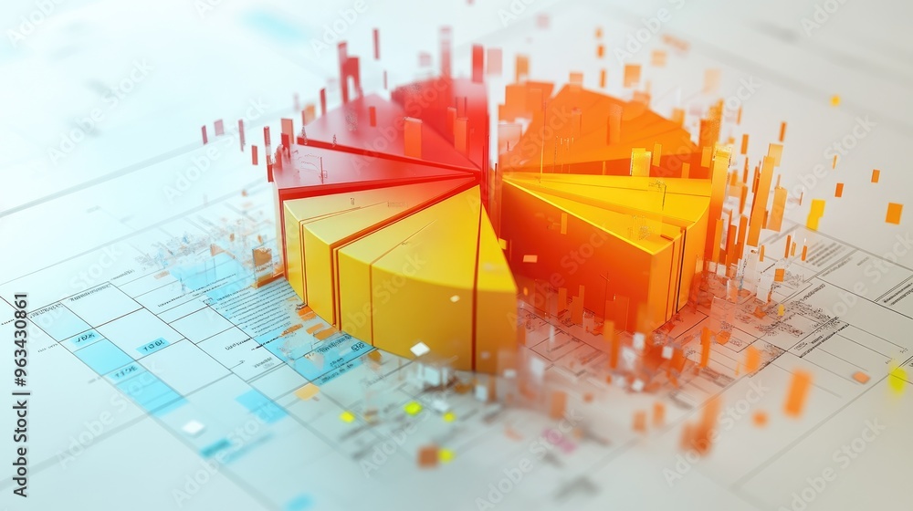 Poster a detailed 3d pie chart with each slice exploding outward, showing clear data breakdowns for busines