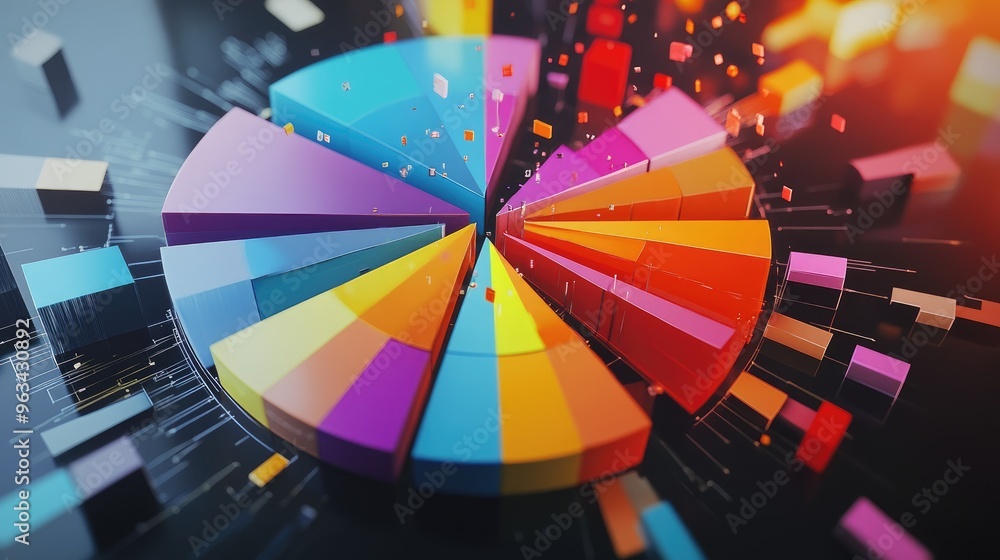 Poster a detailed 3d pie chart with each slice exploding outward, showing clear data breakdowns for busines