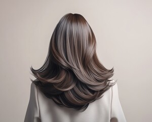 Fototapeta premium Elegant back view of a woman with beautiful flowing hair, showcasing rich color and smooth texture against a neutral background.