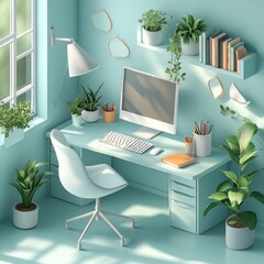 Minimalist Home Office with Desk, Computer, and Plants