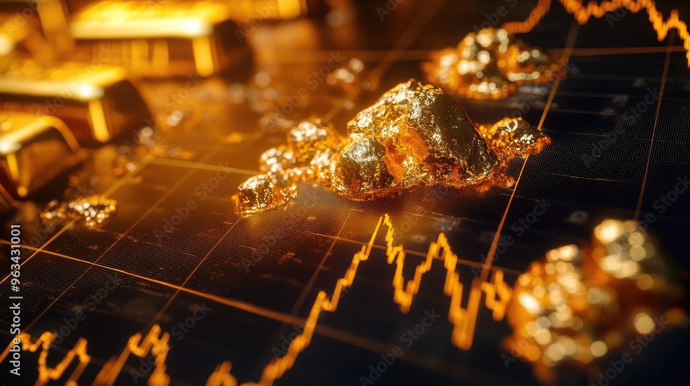 Poster a detailed close-up of a gold price chart on a digital screen, featuring candlestick patterns and tr