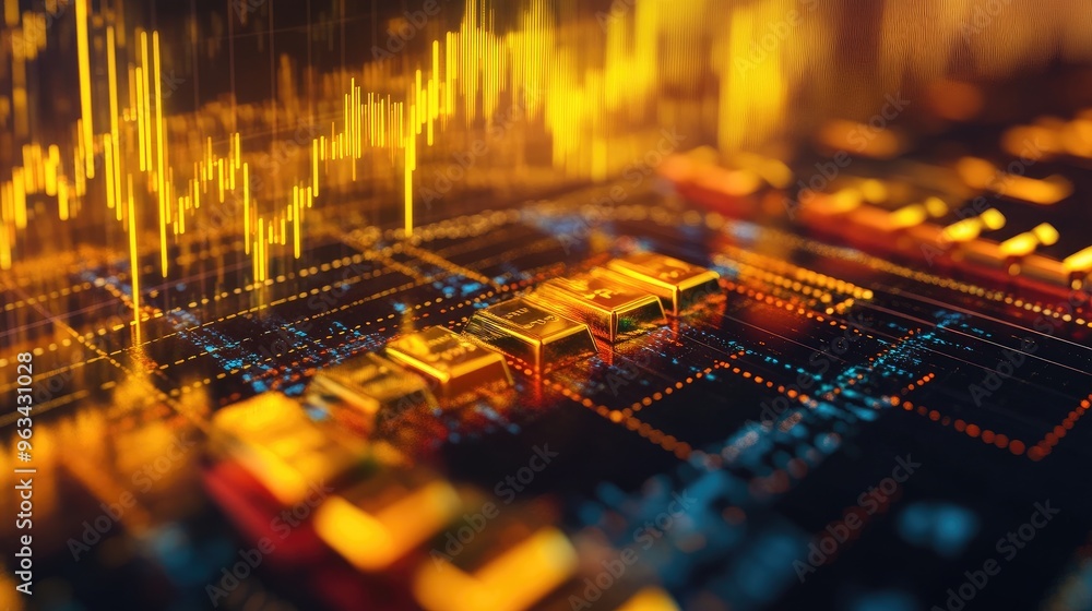 Poster a detailed close-up of a gold price chart on a digital screen, featuring candlestick patterns and tr