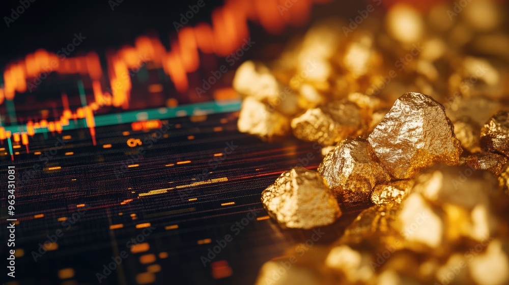 Poster a detailed close-up of a gold price chart on a digital screen, featuring candlestick patterns and tr