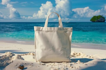 Mockup shopper handbag on tropical beach. Plain canvas bag on the beach