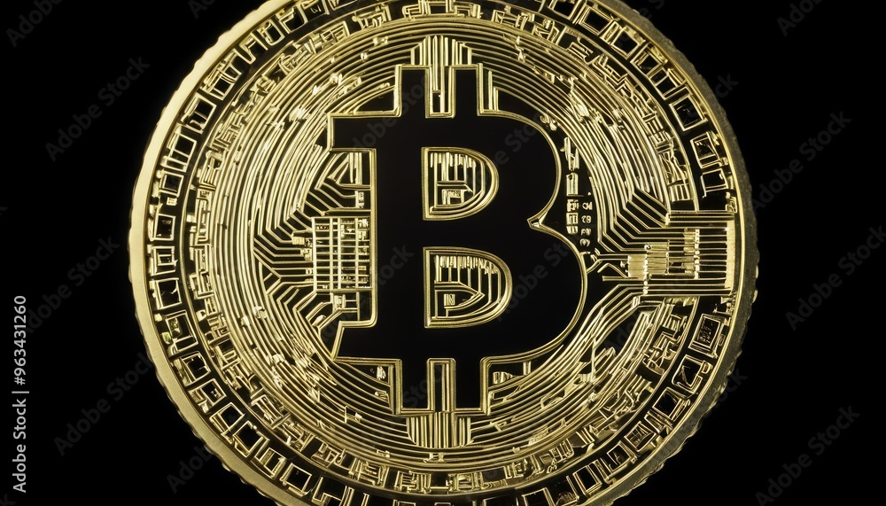 Aufkleber a detailed close-up of a golden bitcoin symbol set against a solid black background. this image emph