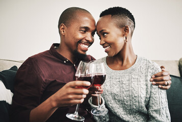 Black couple, forehead and touch with wine at house for marriage celebration, romance date and relationship toast. Smile, people and champagne cheers with love, alcohol bonding and commitment support