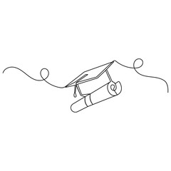 Obraz premium Single line art, continuous one line drawing of Isolated outline vector graduation cap icon 