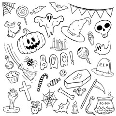 Black and white Halloween illustration featuring various spooky elements like a pumpkin, ghost, witch hat, and more. Perfect for coloring books, DIY decorations, and kids Halloween activities.