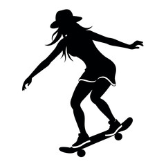 a stylish and modern girl skater practicing skateboarding with wear a hat, vector silhouette, black color silhouette isolated white background