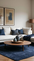 a wide view of modern and cozy living room with decorations on top of a light wood center table, dark blue sofas, big grey textured rug and wall in light grey color. cushions and a blanket in petrol