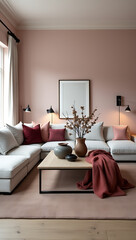 Fototapeta premium a wide view of modern and sophisticated farmhouse style living room with decorations on top of a old oak center table, bordeaux modular sofas with textured textil and wall in light pink microciment ef
