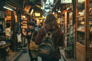 Fototapeta premium Young tourist woman is walking in nishiki market in kyoto, japan, looking at the shops
