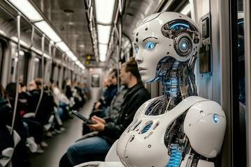Fototapeta premium Close-up of robot using the subway with human under the rush hour vibe background. Generative AI. 