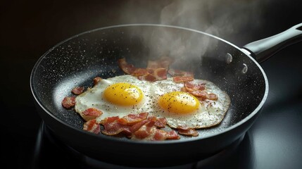 A detailed view of a frying pan with eggs and bacon sizzling, showcasing the golden crispiness and non-stick surface.