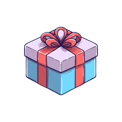 Colorful illustration of a gift box with a purple lid, blue base, and a red ribbon topped with a bow. Perfect for holiday cards, party invitations, or gift shop branding.