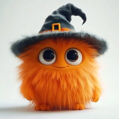 Fototapeta premium 3D render of a cute orange monster wearing a witch hat,halloween 