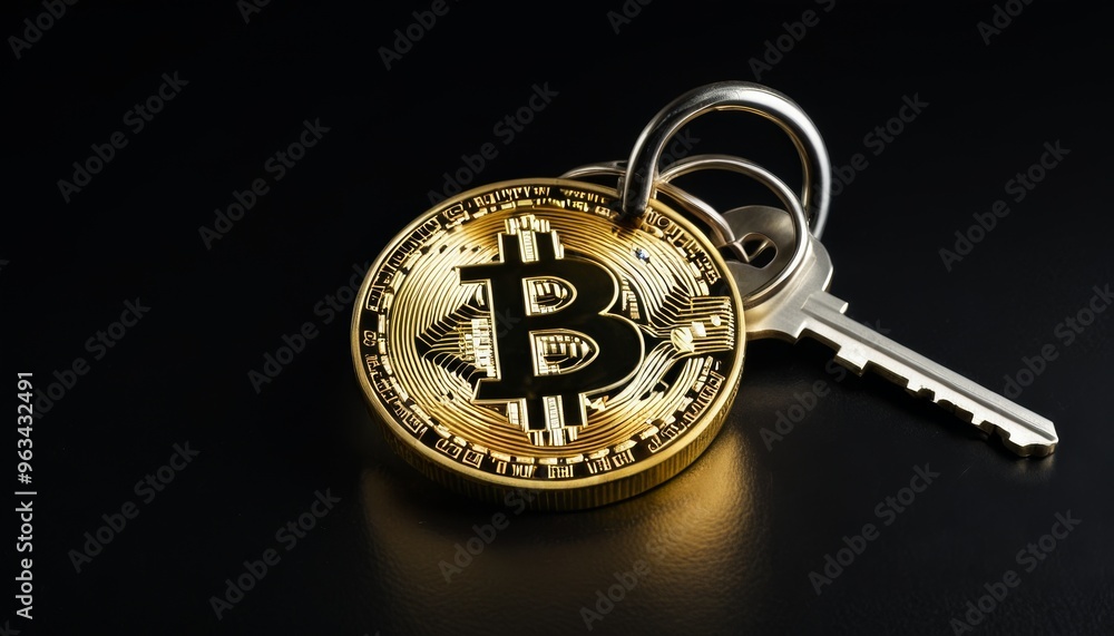 Poster a close-up shot of a golden bitcoin coin paired with a silver key, placed against a dark background.