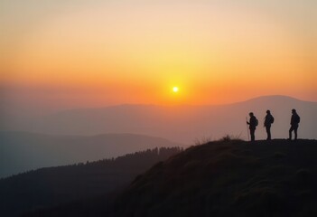 silhouette of a couple walking on the mountain