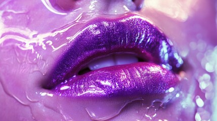 A woman's lips are painted purple and are surrounded by water