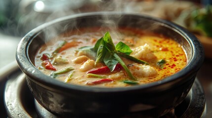 A detailed view of tom yum goong being served in a traditional Thai bowl, with steam rising and aromatic ingredients visible.