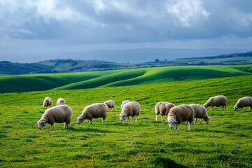 Fototapeta premium Grazing sheep in lush pasture