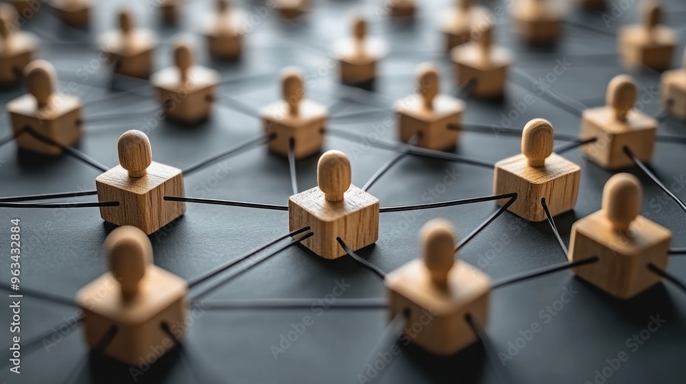 Poster wooden figures connected by strings, symbolizing networking and collaboration.