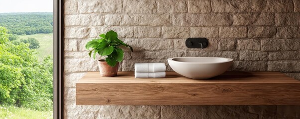 A rustic bathroom with a wooden sink, stone walls, and a large window offering views of the surrounding wilderness, photorealistic, hyper-resolution, natural and peaceful setting