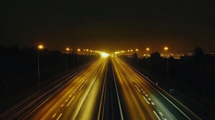 A dramatic shot of a long, empty highway at night, with bright headlights and distant city lights visible on the horizon.