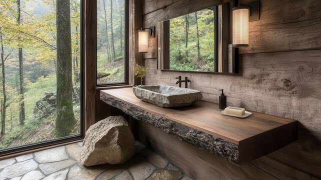 A rustic bathroom with a wooden vanity, stone sink, and large windows offering views of the surrounding wilderness, photorealistic, hyper-resolution, natural and serene setting