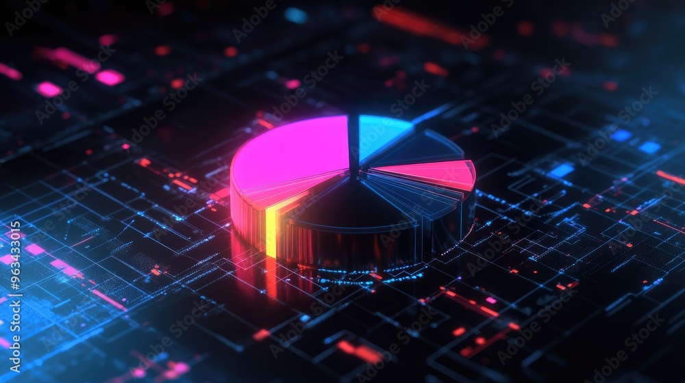 Poster a dynamic 3d pie chart with neon-colored segments, floating in a dark, digital space, symbolizing te