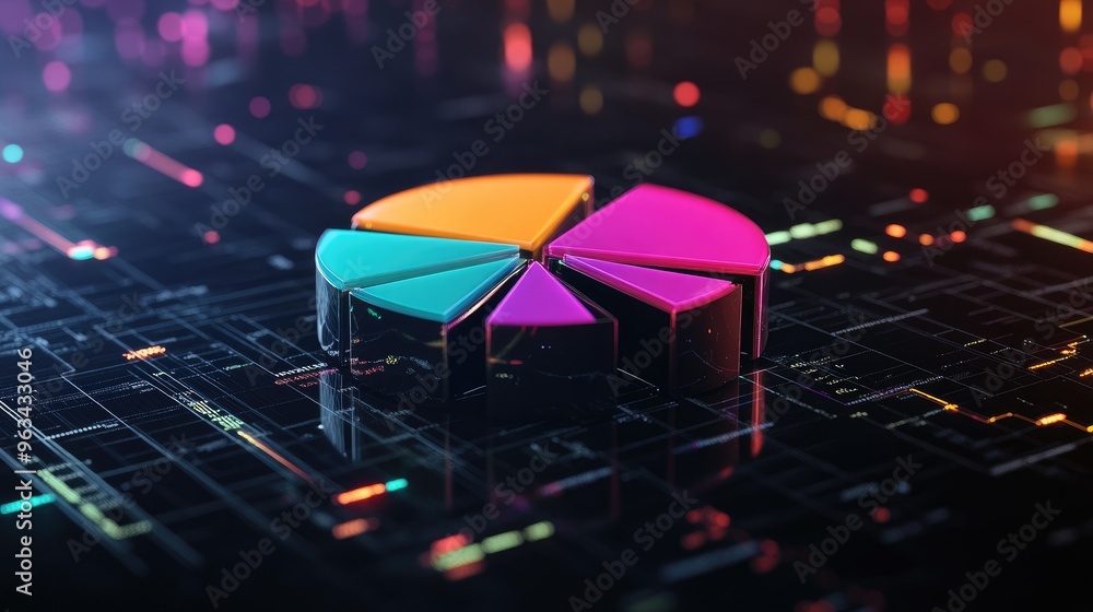 Poster a dynamic 3d pie chart with neon-colored segments, floating in a dark, digital space, symbolizing te