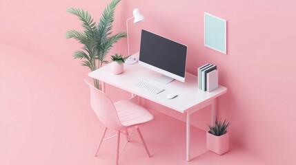 Fototapeta premium Minimalist Pink Office Desk with Computer, Plants, and Chair