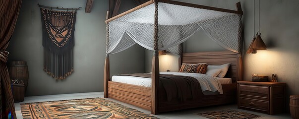 A safari-themed bedroom with a wooden canopy bed, mosquito netting, and tribal-patterned rugs, photorealistic, hyper-resolution, romantic and exotic hideaway