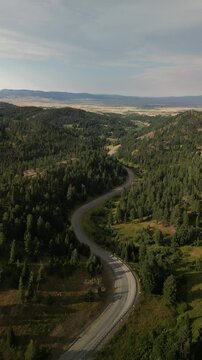 Vertical aerial of Highway 86 through Bridger Canyon in Bozeman Montana in summer