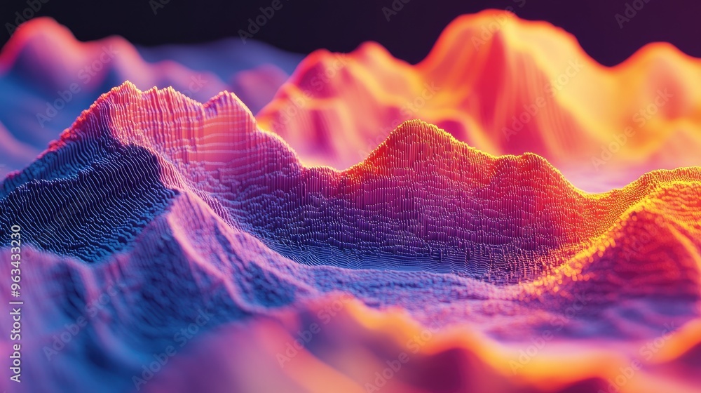 Poster a dynamic 3d surface chart with vibrant peaks and valleys, highlighting complex data analysis in a v