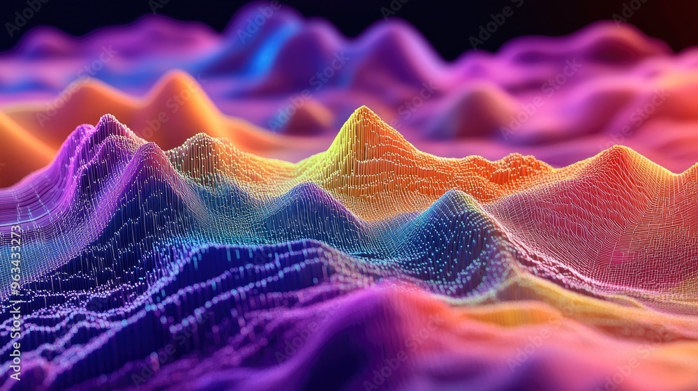 Poster a dynamic 3d surface chart with vibrant peaks and valleys, highlighting complex data analysis in a v