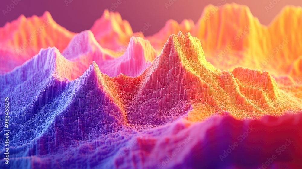 Poster a dynamic 3d surface chart with vibrant peaks and valleys, highlighting complex data analysis in a v