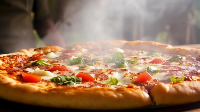 Close-up of homemade circle pizza with tomatoes, melted cheese mozzarella and fresh basil leaves.