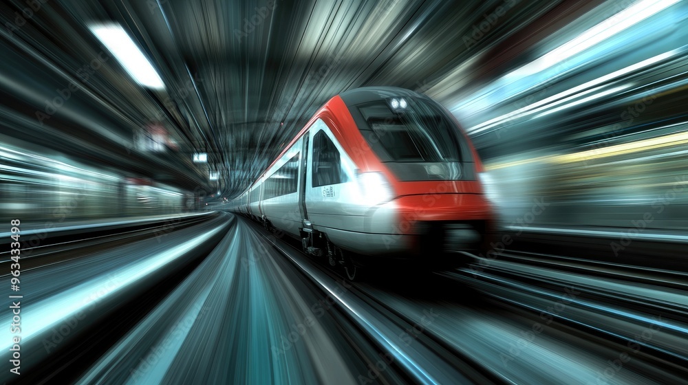 Poster a dynamic shot of a high-speed train approaching a station with a sense of motion and speed, emphasi