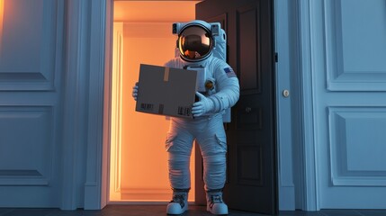 Astronaut in Space Suit Holding Parcel by Open Door. Home Delivery Concept
