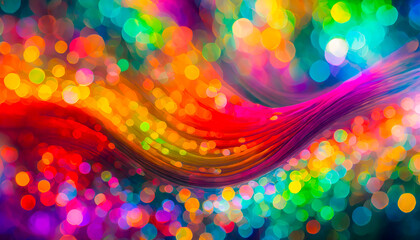 Abstract and colorful rainbow pattern of iridescent organic shapes with soft flowing movement and boken effect and out of focus rain drops of coloured light