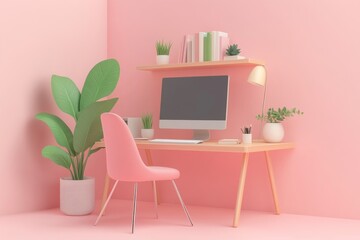 Minimalist Pink Home Office Workspace with a Computer and Green Plants