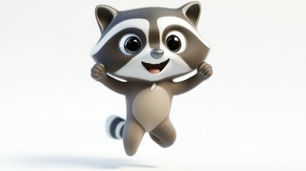 A cheerful cartoon raccoon character jumping with excitement.
