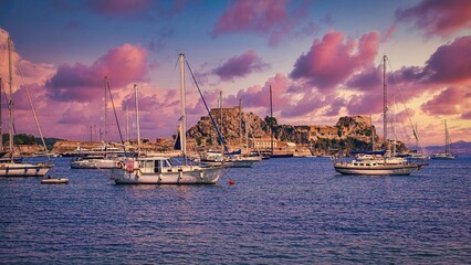 Fototapeta premium Port in the city of Kerkyra on the island of Corfu - Greece. Boats in the harbour 