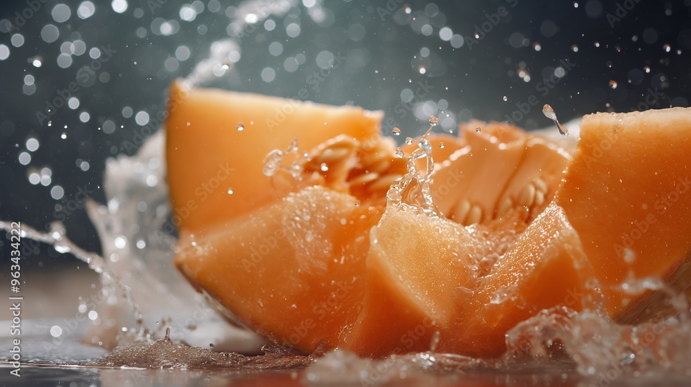 Poster a close-up of a juicy cantaloupe melon splashing into water, creating a beautiful spray of droplets 